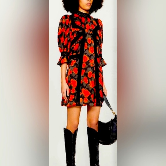 NWT The Kooples Abstract Roses Jacquard Dress Black & Red in size L - Picture 2 of 5